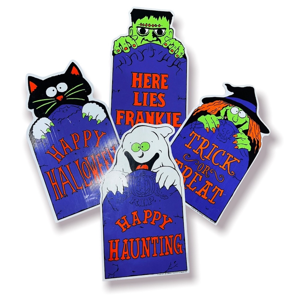 4 Vintage 90s Halloween Tombstone Peekers Witch Cat Ghost Frankenstein Signs USA